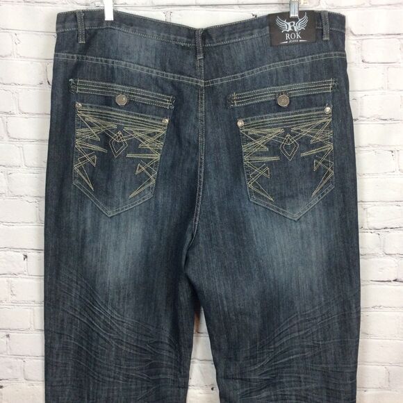 ROK Men’s Sz 44x34 Blue Jeans Denim Straight Leg Embroidered Pockets Whiskering - Picture 7 of 11